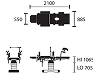 Small schematic diagram illustrations of the operating table dimensions and parts with black lines on white background
